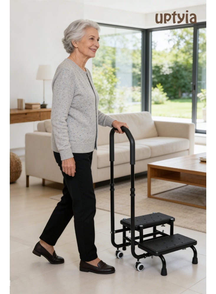 أوبتيا مقعد صغير بيدين، منصة مانعة للانزلاق ودرابزين قابل للتعديل، مقعد صغير بدرجتين لكبار السن، درجات سرير للبالغين وذوي الاحتياجات الخاصة، مقعد صغير متين للأسرة العالية، المطبخ، حوض الاستحمام - Image 2